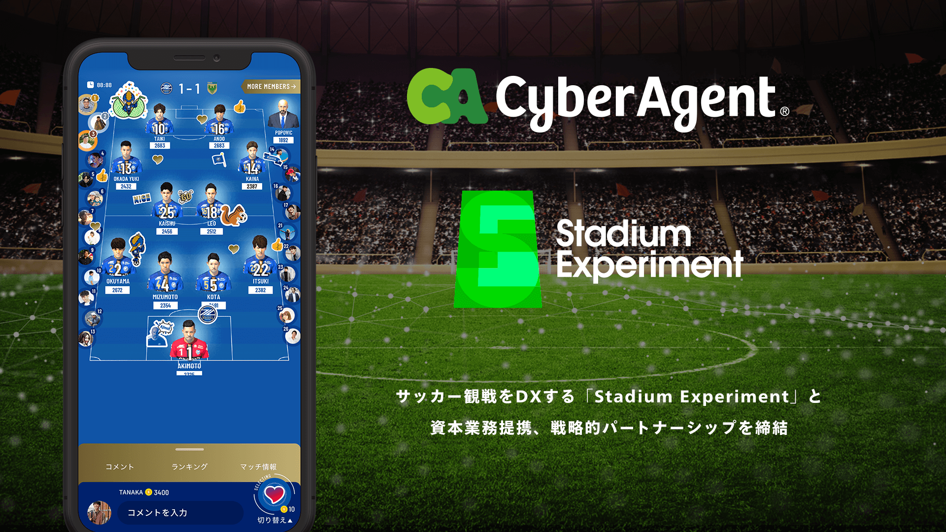 サッカー観戦をdxする Stadium Experiment が資金調達を実施 サイバーエージェントとの戦略的パートナーシップを強化